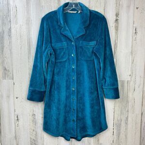 Soft Surroundings Velvet Boyfriend Button Down Tunic Shirt Top turquoise, blue